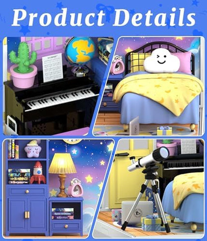 Starry Night Bedroom Miniature House Kit, DIY Space-Themed Dollhouse with Dustproof Sliding Doors & Roof, Tiny Room Building Model Kit for Adults & Teens, Creative Craft Gift for Space Lovers - Image 3