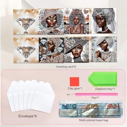 JISHSHAY 6 PCS Diamond Painting Greeting Cards African Woman Diamond Art Birthday Cards with Envelopes Gem Art Gem Painting Mosaic Kits for Adults for Thanksgiving Birthday Anniversary Valentine - Image 3