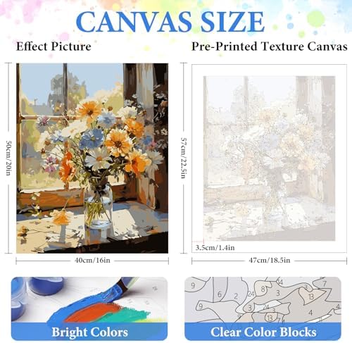 PRASIO Paint by Numbers Kit for Adults Beginner, Flower Easy Adult Paint by Number Kits on Canvas, DIY Acrylic Watercolor Oil Paint by Number for Adults for Home Decor Gift 16x20 Inch - Image 3