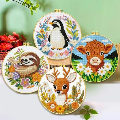 Zhenqing 4-Piece Animal Cross Stitch Kit for Beginners - Complete Set with Pre-Printed 11CT 24x24cm Fabric, Hoop & Tools (Penguin, Sloth, Cow, Deer Designs)(70405) - Image 2
