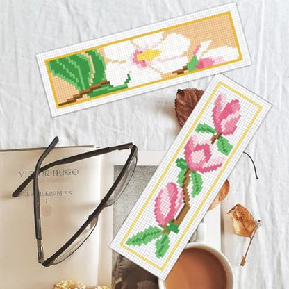 BEUNITONE 6 Pcs Flower Cross Stitch Bookmark Kits for Beginners Magnolia DIY Stamped Cross Stitch Kit Vintage Floral Embroidery Kit with Instruction for Craft Book Lover Reader Writer 8''x2.4'' - Image 5