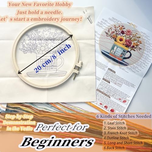 FONNUY Floral Embroidery Kit for Beginners, Colorful Flowers Pre-Stamped Pattern Kits for Adults with Hoop, Thread Needlework, 8'' Hoop (Cup) - Image 5