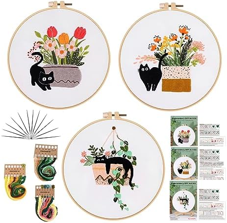 GLTAYLMY 3pcs Embroidery Kit for Beginners DIY Adult Beginner Embroidery Kits with Cat Pattern 1 Embroidery Hoops Needles Threads and Instructions by GLTAYLMYFortuneSmilesonJoyfulTradingwithEveryone