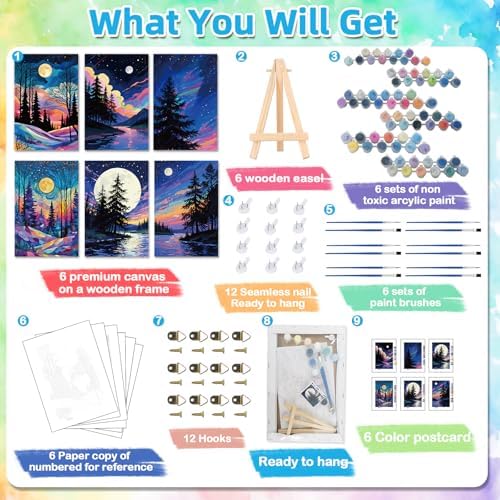 EggSun 6 Pack Framed Paint by Numbers Kit for Adults,Beginners with Wooden Easel,DIY Acrylic Oil Painting Paint by Numbers Kits on Canvas for Home Decor(Moon Mountain Lake Landscape,8x12Inch) - Image 3