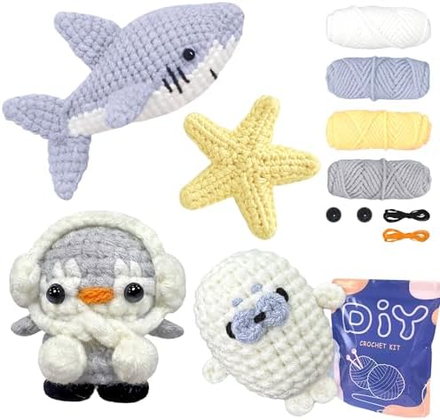YAMAXIN Crochet Kit for Beginners – Ocean Animal Amigurumi DIY Yarn Kit with Step-by-Step Instructions, Tools & Soft Yarn – 4 Pack Crochet Kit Gift for Adults, Teens & Kids by YAMAXIN