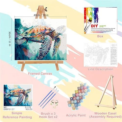 Sea Turtle Paint by Numbers for Adults with Framed Canvas-with Wooden Easel - Image 2