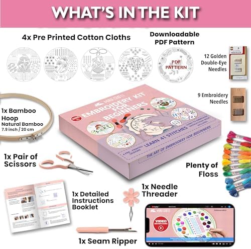 Moni Crafts Adult Beginner Embroidery Kit – 4 Pre-Printed Patterns (Flower, Mushroom, Floral, Heart) – Learn 41 Stitches, Hand Embroidery Starter Craft Set - Image 2