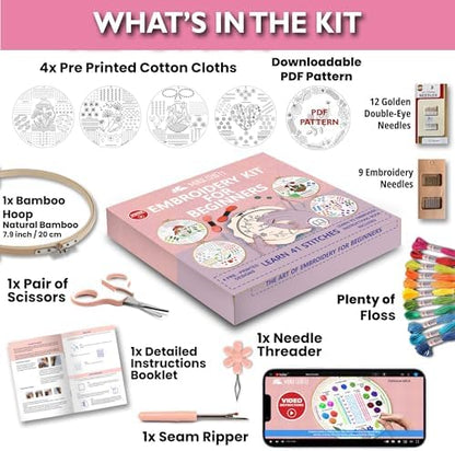 Moni Crafts Adult Beginner Embroidery Kit – 4 Pre-Printed Patterns (Flower, Mushroom, Floral, Heart) – Learn 41 Stitches, Hand Embroidery Starter Craft Set - Image 2