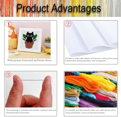Black Cat Plants Stamped Cross Stitch Kits for Adults Beginners with Frame - Image 3