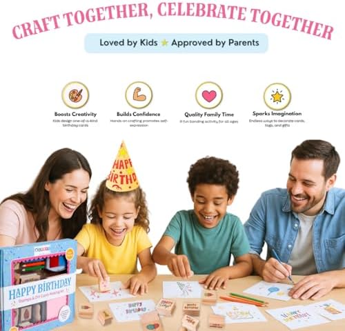 Birthday Card Making Kit -11 Reuseable Wooden Stamps & Ink Pad, 12 Blank Cards with Colorful envelopes, 1 Sheet of Birthday Stickers and 5 Color Pencils Ages 4+ - Image 6