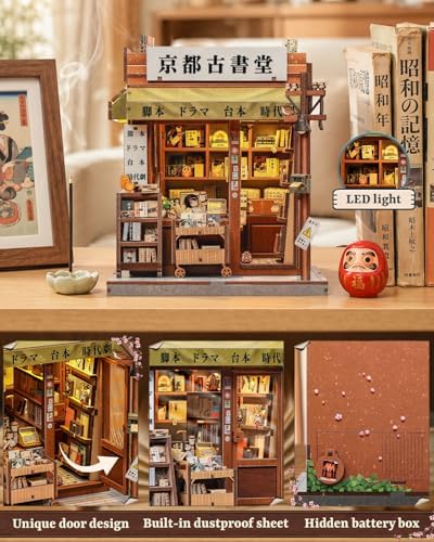 Book Nook Kit for Adults, DIY Miniature Dollhouse Kit with LED, 3D Wooden Puzzle Model Building Kit, Craft Gifts for Adults and Teens (Antique Bookery of Kyoto) - Image 4