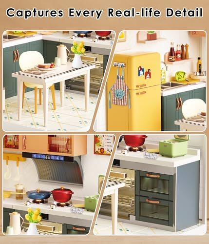 Modern Kitchen DIY Miniature House Kit with Roof & LED Light, Stackable & Connectable Dollhouse Kit with Dustproof Door, Creative DIY Crafts Building Toy Gift for Adults Teens - Image 2