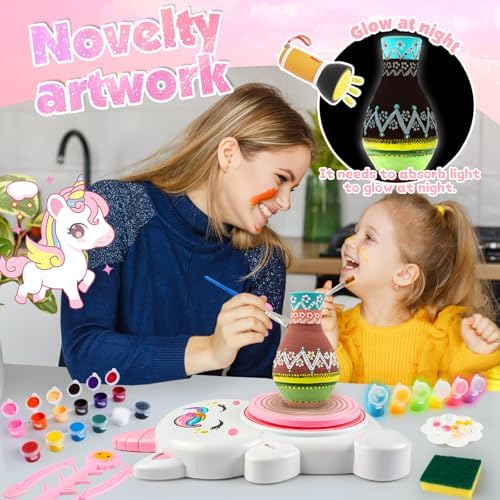 Pottery Wheel Kit for Kids with Glow Paints, Complete Pottery Arts Crafts Toys for Girls 8-12, Art Supplies for Kids 6 7 8 9 10 11 12 Toys Girls Birthday with Drawing Molds Tablecloth Air Dry Clay - Image 2