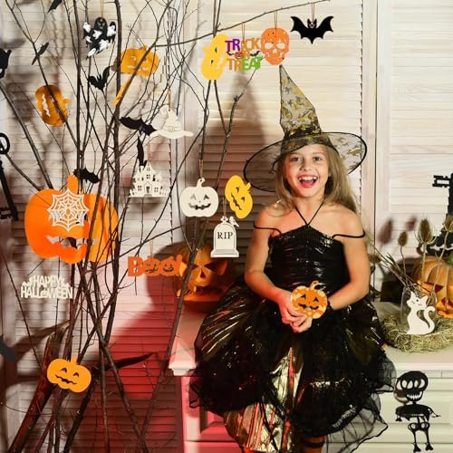 80PCS Wooden Halloween Ornaments to Paint Fall Decorations,10 Styles DIY Blank Autumn Unfinished Wood Skull Pumpkin Ghost Bat Boo Trick or Treat Halloween Cutouts Ornament for Crafts Party Hanging - Image 4