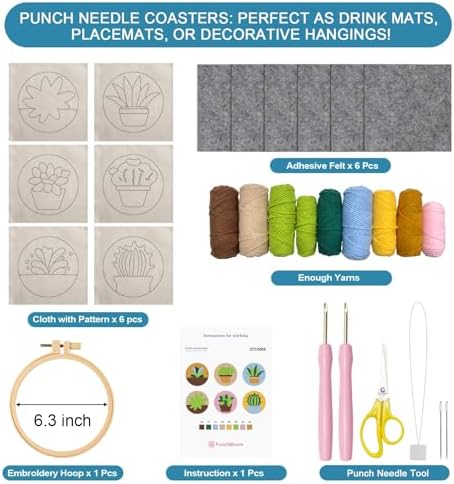 Punch Needle Coaster Kit for Adults Beginners, Easy Punch Embroidery Starter Set with Instructions – Fun Mug Rug Making Kit for Table Decor & Festival DIY Gifts (6pcs Succulent Plants) - Image 3