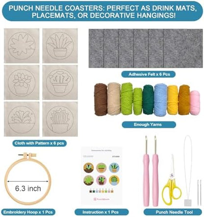 Punch Needle Coaster Kit for Adults Beginners, Easy Punch Embroidery Starter Set with Instructions – Fun Mug Rug Making Kit for Table Decor & Festival DIY Gifts (6pcs Succulent Plants) - Image 3