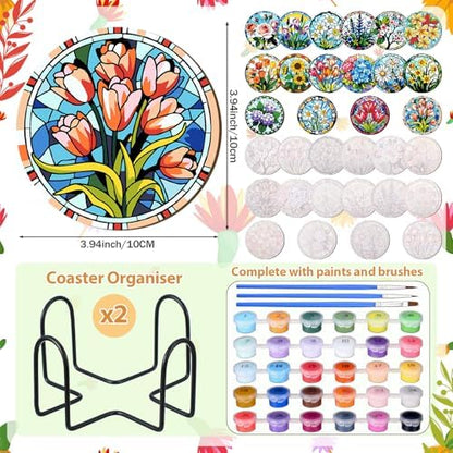 Reallnaive 8 Pcs Flower Paint by Numbers Kit for Adults Wood Floral Coaster - Image 3