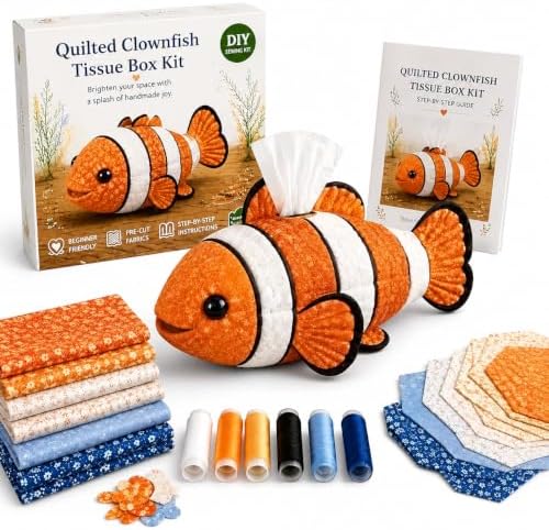 Saiiko Tissue Box Cover DIY Sewing Kit, Boho Fabric Patchwork Craft Kit for Adults Beginners, Beach Home Decor for Nightstand, End Table and Desk (Clownfish) by Saiiko