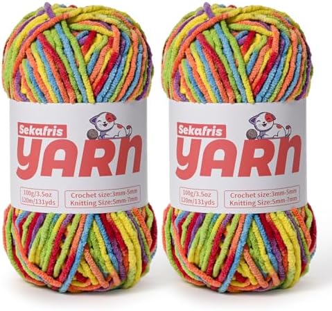 2 Pack Plush Chunky Chenille Yarn for Crocheting, Soft Fluffy Velvet Yarn for Crocheting Amigurumi, Fuzzy Baby Blanket Knitting 200g/262yds Bulky(2 Rainbow) by Sekafris