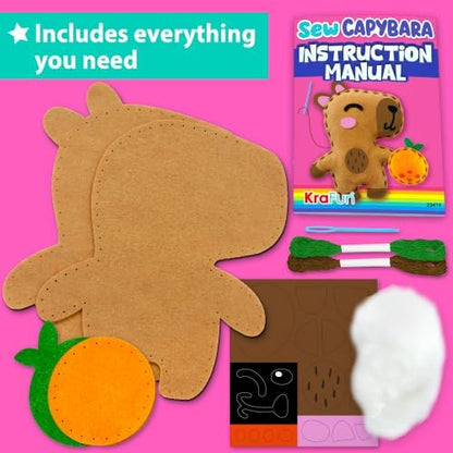 KRAFUN Beginner Sewing Kit, Sew Capybara & Orange, Pre-Cut Felt, Ages 5+ - Image 2