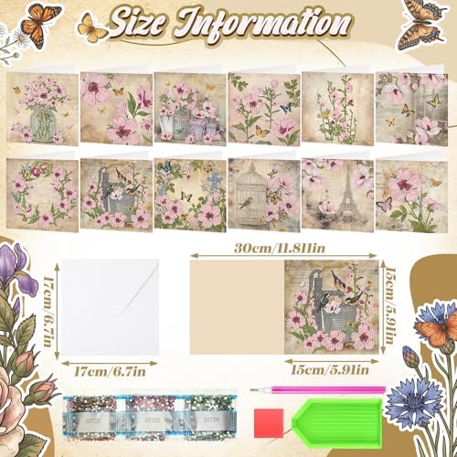Saillong 12 Pack Vintage Floral Diamond Painting Greeting Card Kits Retro French Flower Diamond Art Cards with Envelopes Pink Flowers 5D Rhinestones Painting Kit for Adult DIY Craft Family Friend Gift - Image 4