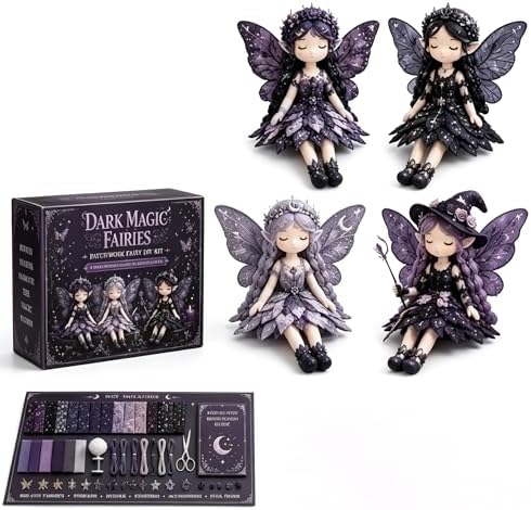 Fairy Patchwork DIY Collection, Flower Fairies Sewing Kit for Adults & Beginners, Make 4pcs Fabric Fairy Dolls with Pre-Cut Materials, Handmade DIY Craft Gift & Home Decor (Dark Magic Fairies) by Unknown