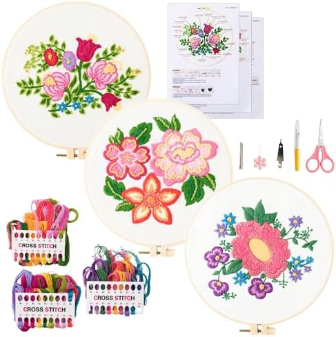 Looples Embroidery Kit for Beginners and Adults with Video Tutorials – DIY Starter Kit with 3 Stamped Floral Patterns, Hoops, Threads, Needles, and Instructions (Floral) by Unknown