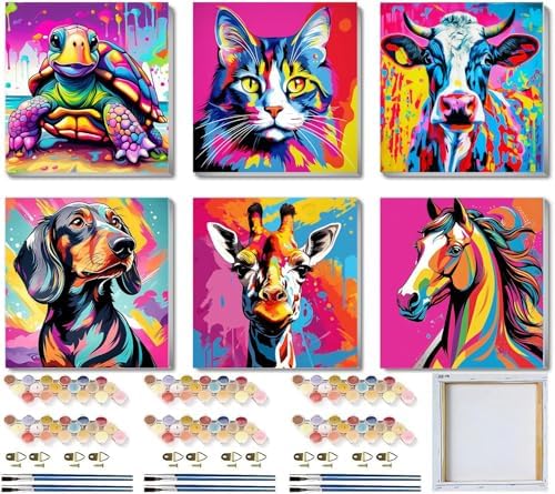 6 Pack Framed Paint by Numbers Kit for Kids, Horse Color By Number Painting Kits for Kids Ages 4-8-12, Cat Giraffe Paint by Numbers Canvas Children DIY Paints by Number Kits for Beginners 8x8Inch by MCCFZX
