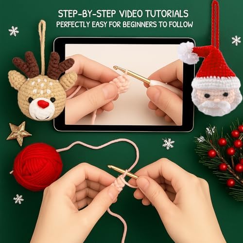 HOUSE CREATIVITY Christmas Crochet Kit for Beginners – Make Santa Claus & Reindeer Ornaments, Amigurumi Crochet Starter Kit with Video Tutorial, Yarn & Hook, DIY Holiday Tree Decor Gift - Image 3