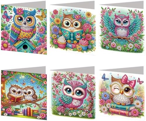 POETRYDRAW 6 Pack 5D DIY Diamond Art Painting Owl Greeting Card Kit, Diamond Birthday Holiday Greeting Card, Art Crafts Kit Creative with Envelope by POETRYDRAW