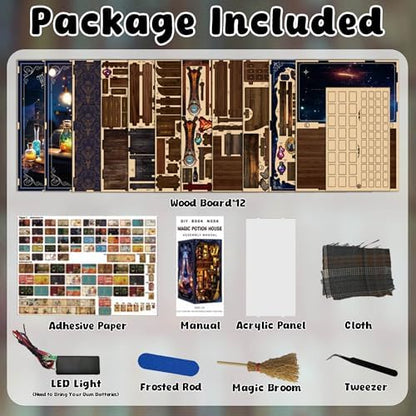 Magic Potion House DIY Book Nook Kit – 3D Wooden Bookend with LED Lights, Miniature Bookshelf Insert Decor, Creative Puzzle for Teens Adults, Magical Apothecary Craft Gift - Image 3