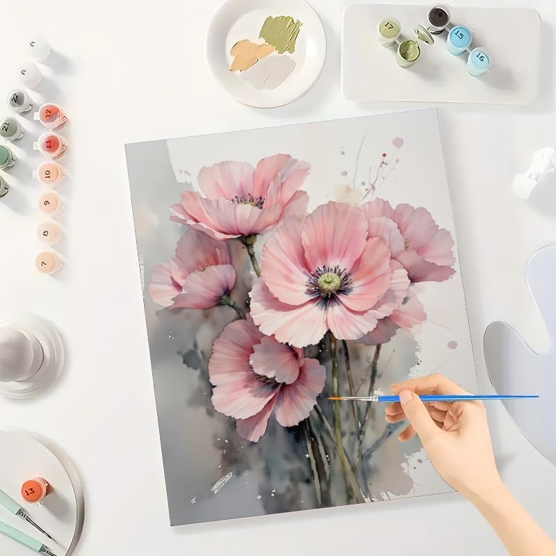 DecorFriday Floral Art Paint by Numbers Kit for Adults - DIY Pink Poppy Flower Bouquet Painting on Canvas, Acrylic Paint Set, Suitable for Beginners, Wall Art for Home or Gifts(12X16IN Framed) - Image 3
