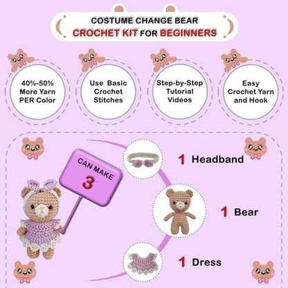 LoopMap Amigurumi Crochet Kit for Beginners with Removable Dress & Video Tutorials, DIY Bear Making Kit Includes Premium Yarn & Tools, Creative Gift for Adults Teens (Purple) - Image 6