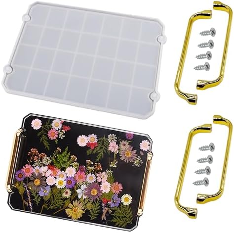 Silicone Mold for Rectangle Epoxy Resin Casting, With 2 Gold Handles, Makes Serving Tray or Board by Attuslla
