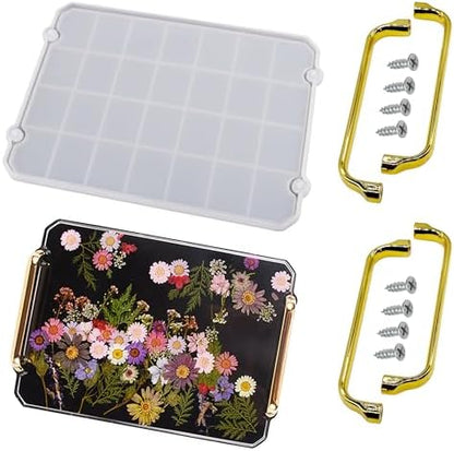Silicone Mold for Rectangle Epoxy Resin Casting, With 2 Gold Handles, Makes Serving Tray or Board by Attuslla