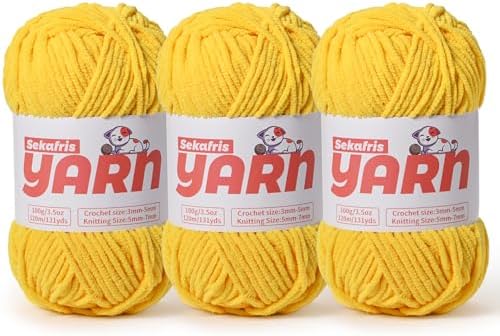 3 Pack Plush Chunky Chenille Yarn for Crocheting, Soft Fluffy Velvet Yarn for Crocheting, Fuzzy Baby Blanket Knitting Yarn, 300g/393yds Bulky Amigurumi Yarns（3 Golden Yellow） by Sekafris