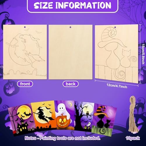 COCHIE 10PCS Large Halloween Unfinished Wood Crafts to Paint for Adults, Bulk Predrilled Wooden Ornaments for Painting, Ghost Witch Bats Paintable Wood Slices Craft Supplies with Ropes - Image 2