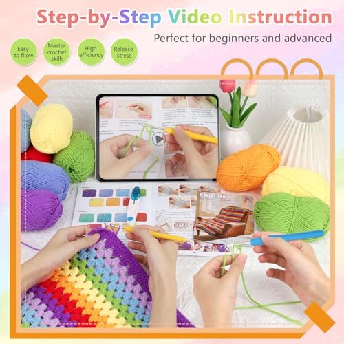 Reessy Crochet Blanket Kit for Beginners, Easy Crochet Kit for Beginners Adults & Kids with Step-by-Step Video Instructions, 43pcs Colorful Rainbow Stripe Learn to Knit Kits for Beginner - Image 2