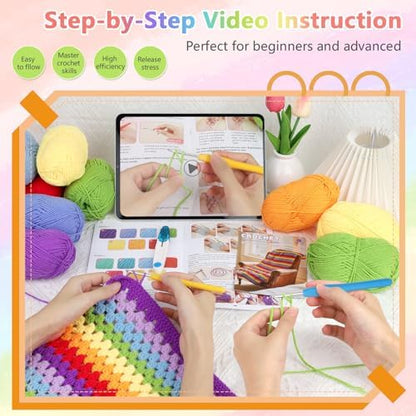 Reessy Crochet Blanket Kit for Beginners, Easy Crochet Kit for Beginners Adults & Kids with Step-by-Step Video Instructions, 43pcs Colorful Rainbow Stripe Learn to Knit Kits for Beginner - Image 2