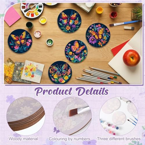 Reallnaive 8 Pcs Butterfly Flower Paint by Numbers Kit Coaster for Adults - Image 3