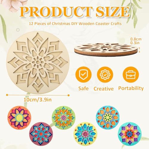 DoubleFill 12 Pcs Wooden Coasters Painting Kit DIY Craft Set, Mandala - Image 2
