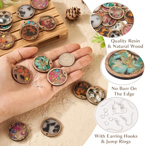 56Pcs Flat Round Resin Wooden Charm Earring Kit with Walnut Wood Statement Dangle Pendants Earring Hooks Jump Rings for Women DIY Crafts Jewelry Making Decoration - Image 3