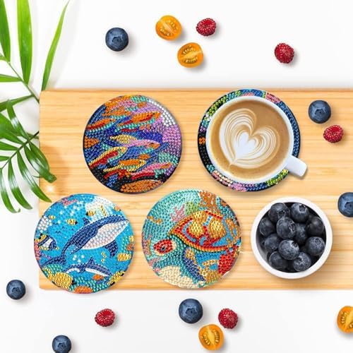 EWJRNSF 6 PCS Ocean Diamond Art Coasters DIY Kit with Holder for Adults - Image 4