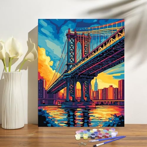 Manhattan Bridge Paint by Numbers Kit for Adults Beginner Sunset Oil Painting Kit Adult Paint by Number Kits on Canvas DIY Painting for Beginners Art by Numbers for Gifts Home Wall Decor 16x20 Inch﻿ - Image 2