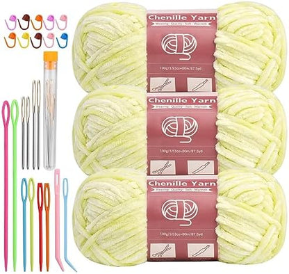 LUNARM Chenille Yarn 3 Pack 3.5oz Chunky Blanket Velvet Yarn 263 Yard by Lunarm