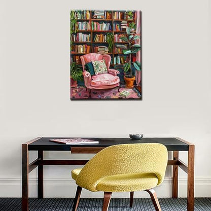 Bookshelf Book Theme Pink Library Paint by Numbers Kits for Adult Vintage Paint by Numbers Boho Painting Kits on Canvas with Brushes and Acrylic Pigment for Home Wall Without Framed 16''W x 20''H - Image 4
