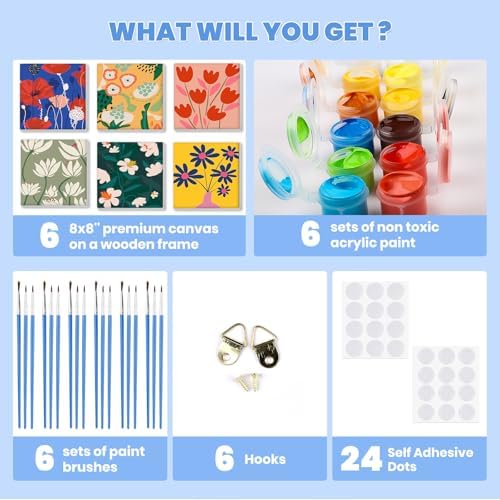 Bowetile 6 Pack Paint by Numbers for Adults Beginners Framed, Flowers Adults' Paint-by-Number Kits, Easy Adult Paint by Number Kits on Canvas, Acrylic Number Painting for Home Decor, 8x8in - Image 6