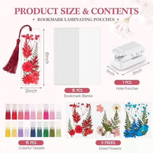 Fuyoooo 61 Pcs Pressed Flower Bookmark Kit,Red Pink Blue,2 x 6 Inch - Image 2