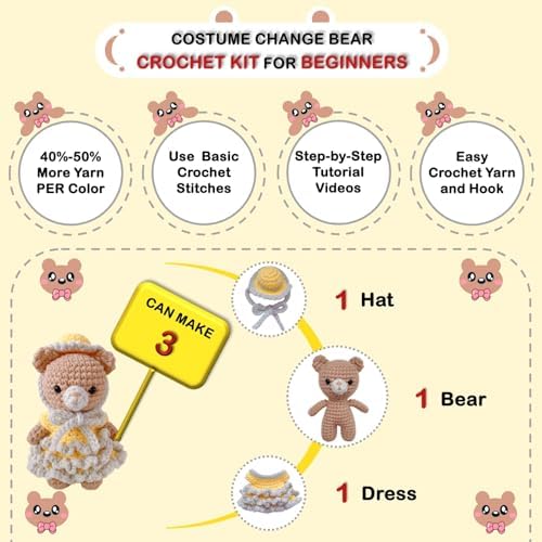 LoopMap Amigurumi Crochet Kit for Beginners with Removable Dress & Video Tutorials, DIY Bear Making Kit Includes Premium Yarn & Tools, Creative Gift for Adults Teens (Yellow) - Image 6