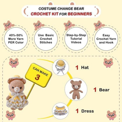 LoopMap Amigurumi Crochet Kit for Beginners with Removable Dress & Video Tutorials, DIY Bear Making Kit Includes Premium Yarn & Tools, Creative Gift for Adults Teens (Yellow) - Image 6